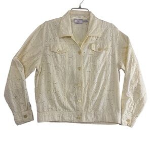 New Identity Women’s Jacket Size L Pale Yellow Eyelet Button Front 100% Cotton